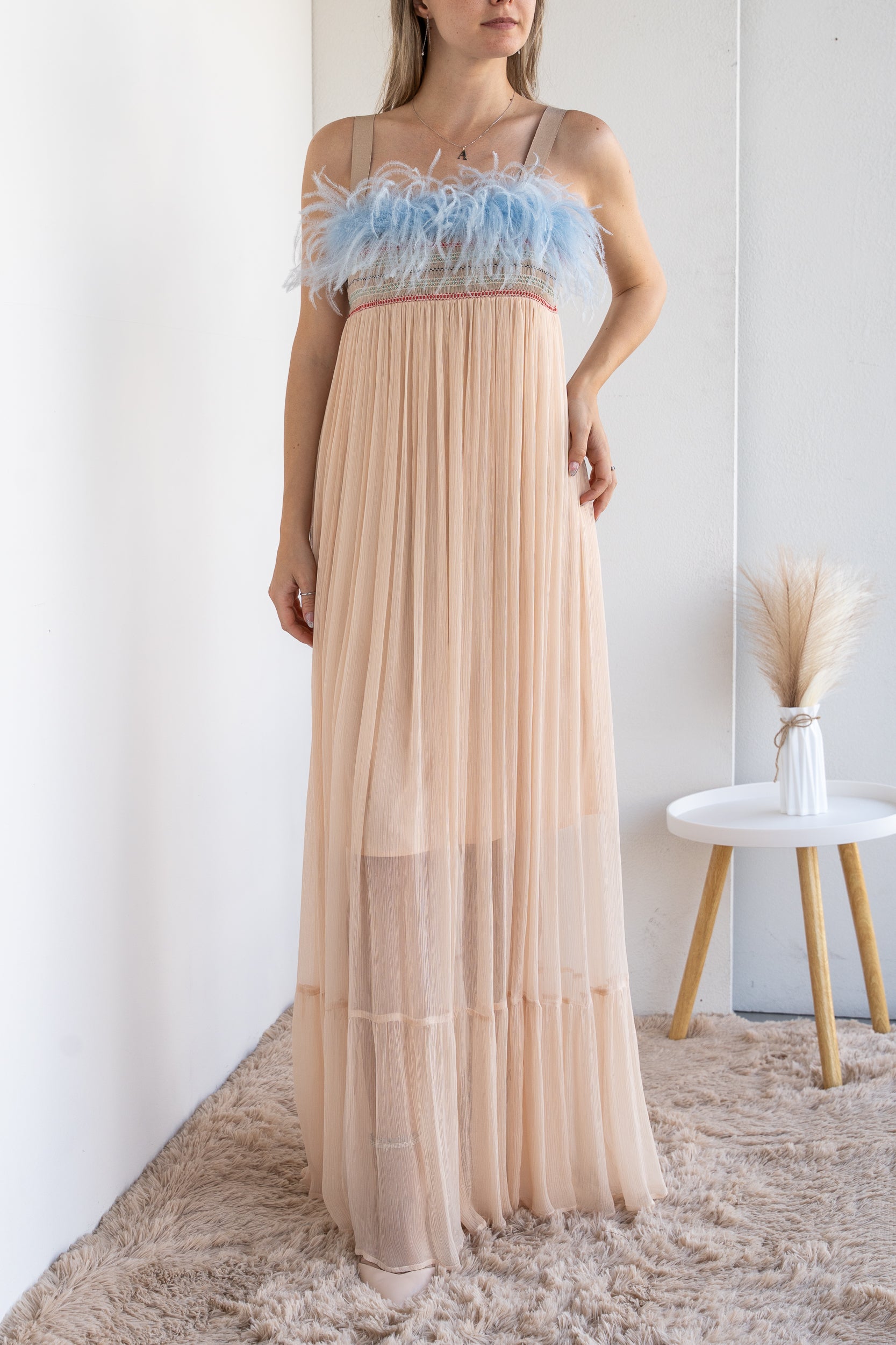 Long dress with feathers