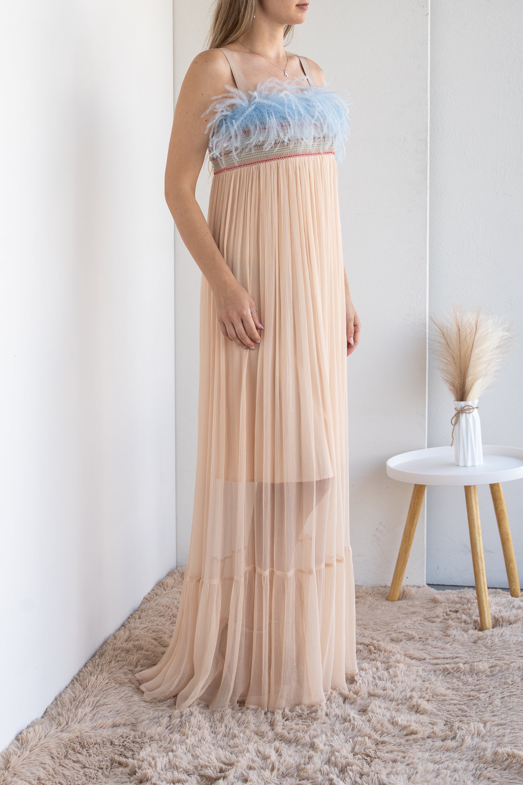 Long dress with feathers