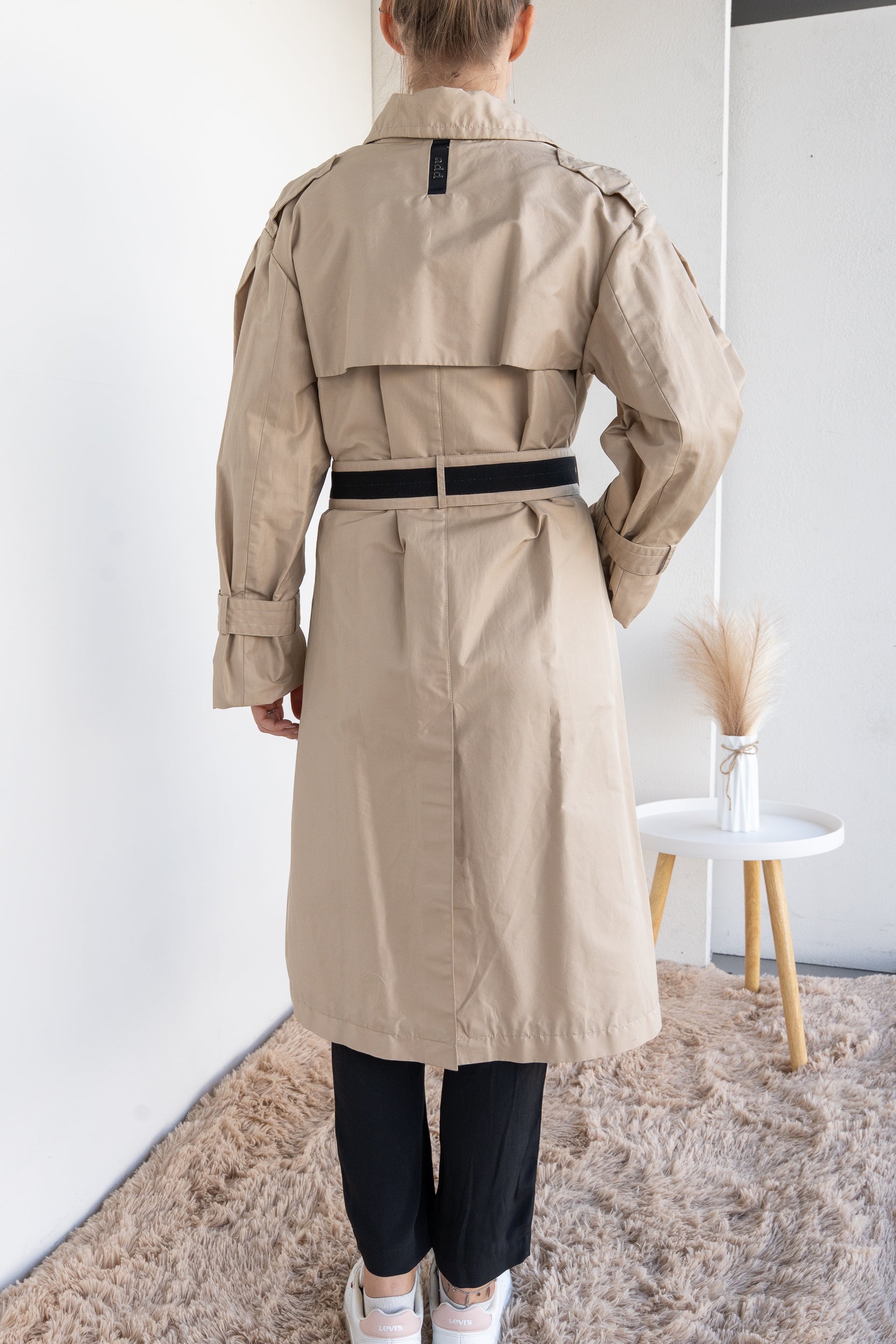 Double-breasted trench coat with belt
