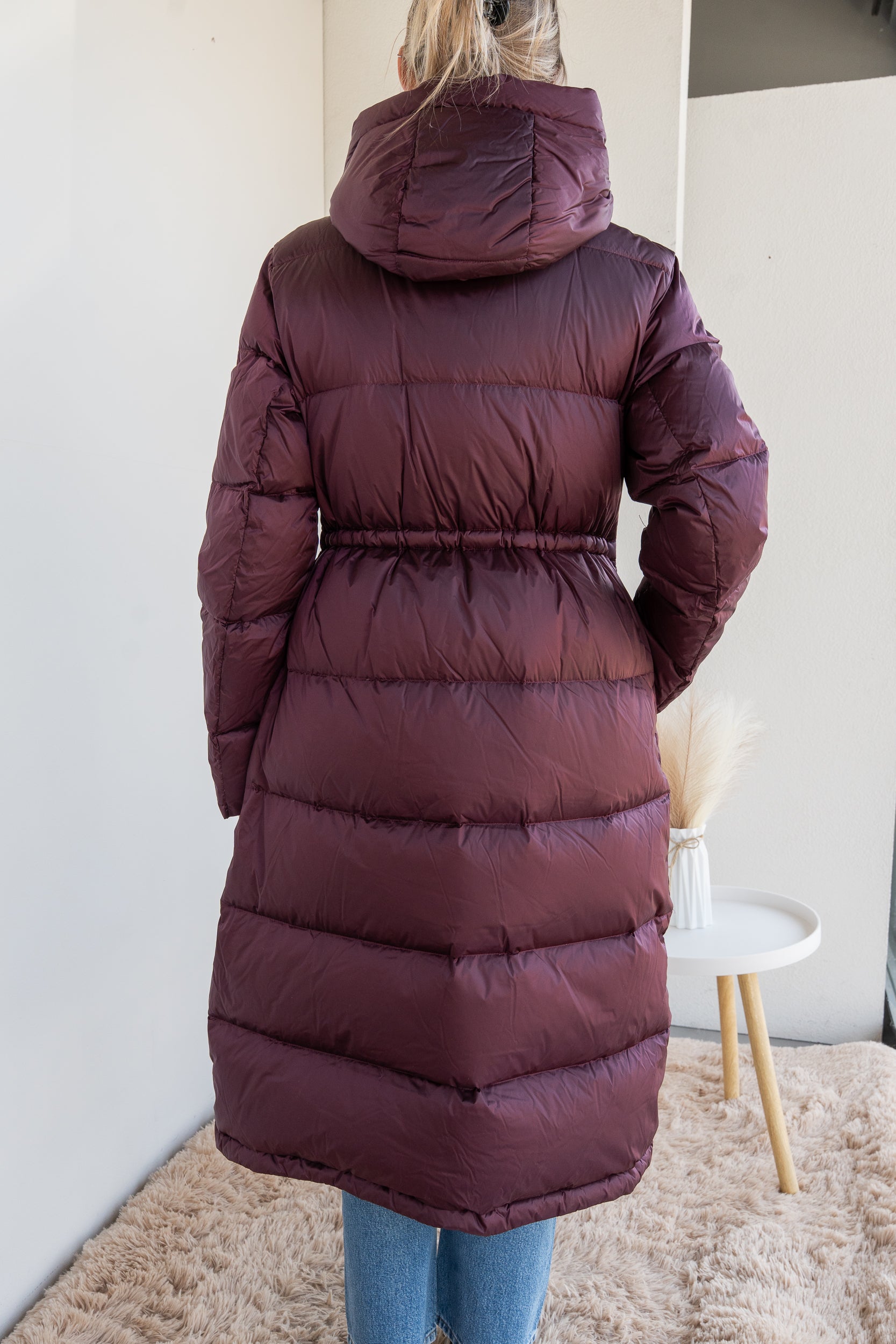 Long down jacket with suspenders
