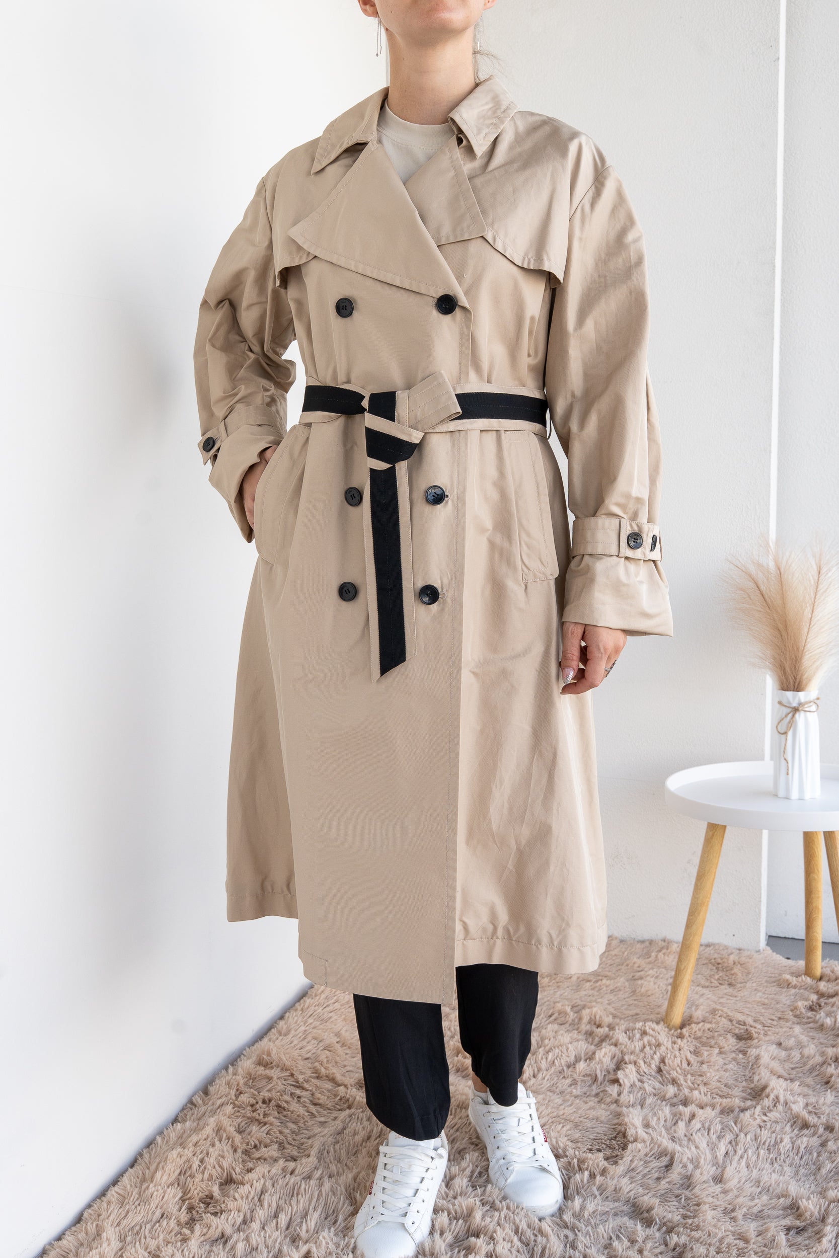Double-breasted trench coat with belt