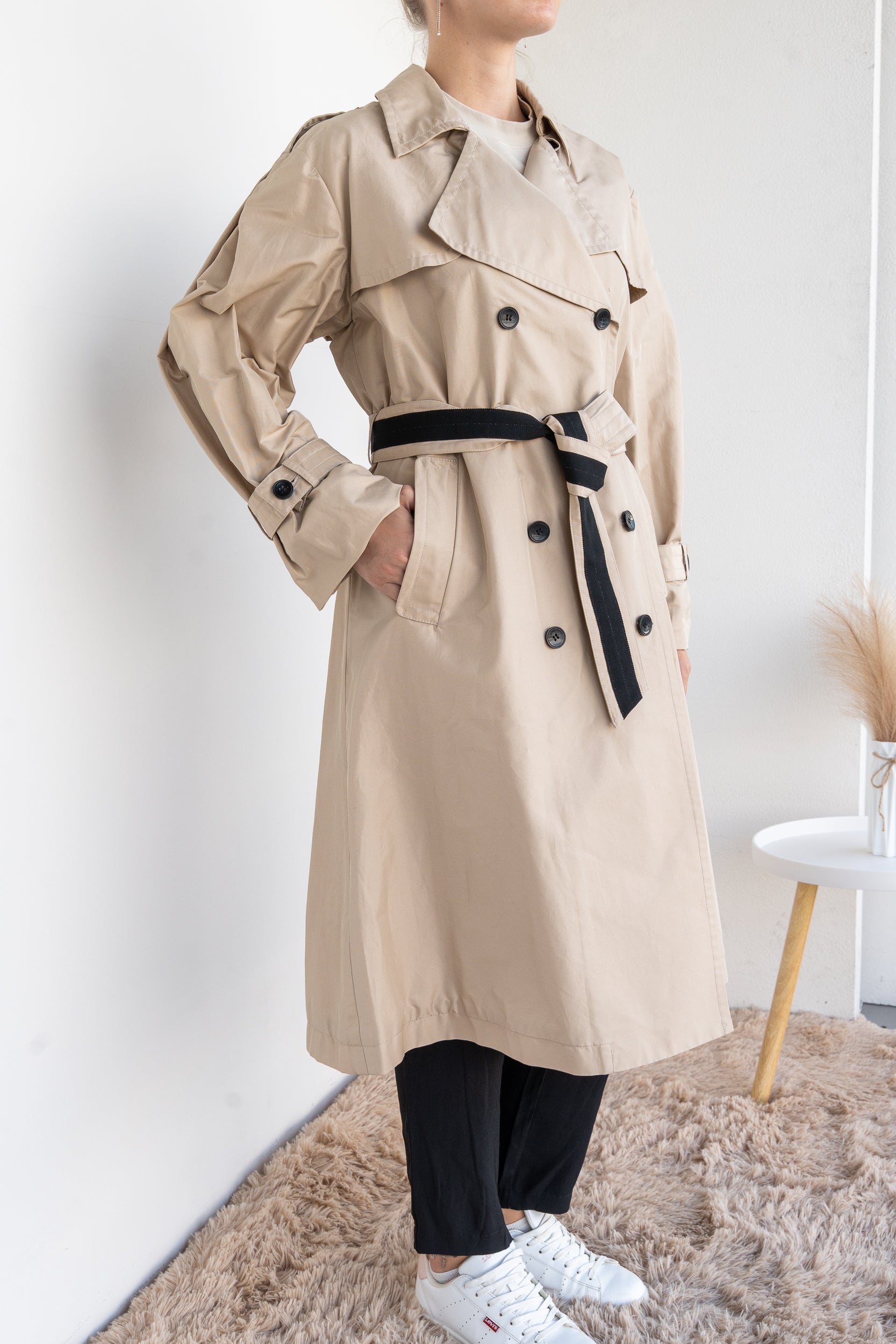 Double-breasted trench coat with belt