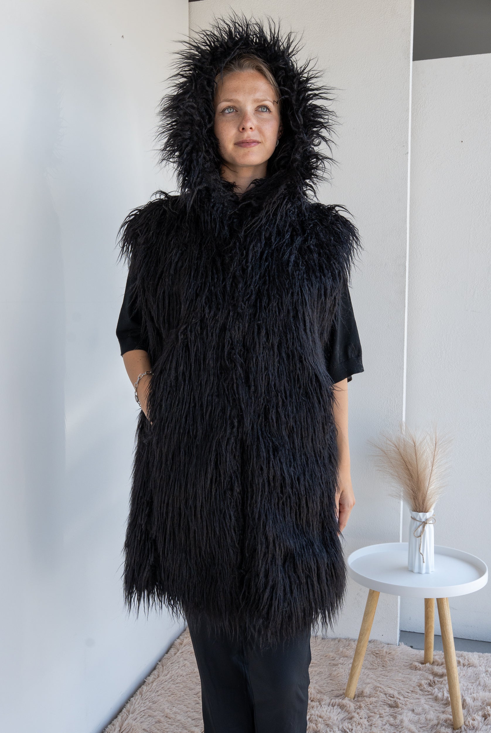 Fur coat with hood